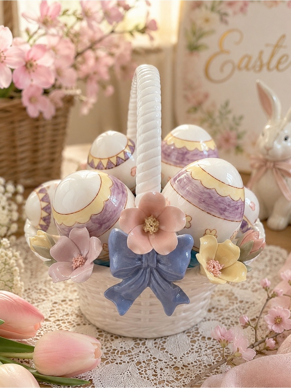 San Francisco Music Box Porcelain Easter Basket Music Box Eggs